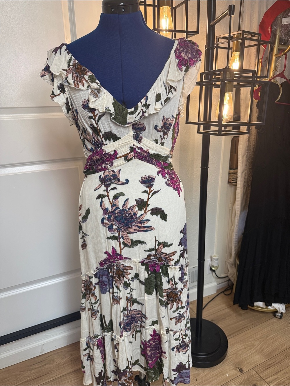 ROVE Cream Midi Dress with Purple & Green Floral Print Small